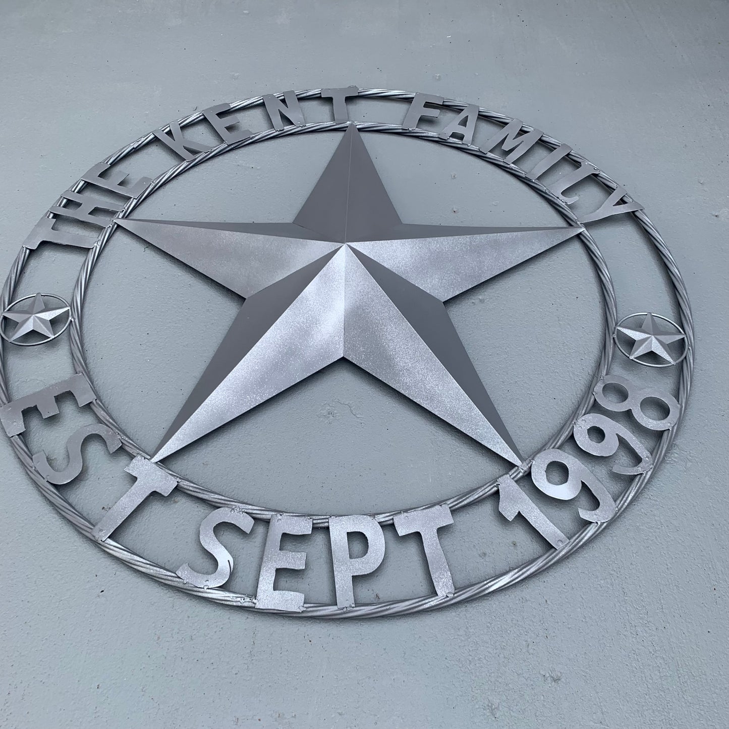 KENT STYLE CUSTOM STAR NAME BARN METAL STAR 3d TWISTED ROPE RING WESTERN HOME DECOR RUSTIC GREY SILVER HANDMADE 24",32",36",50"