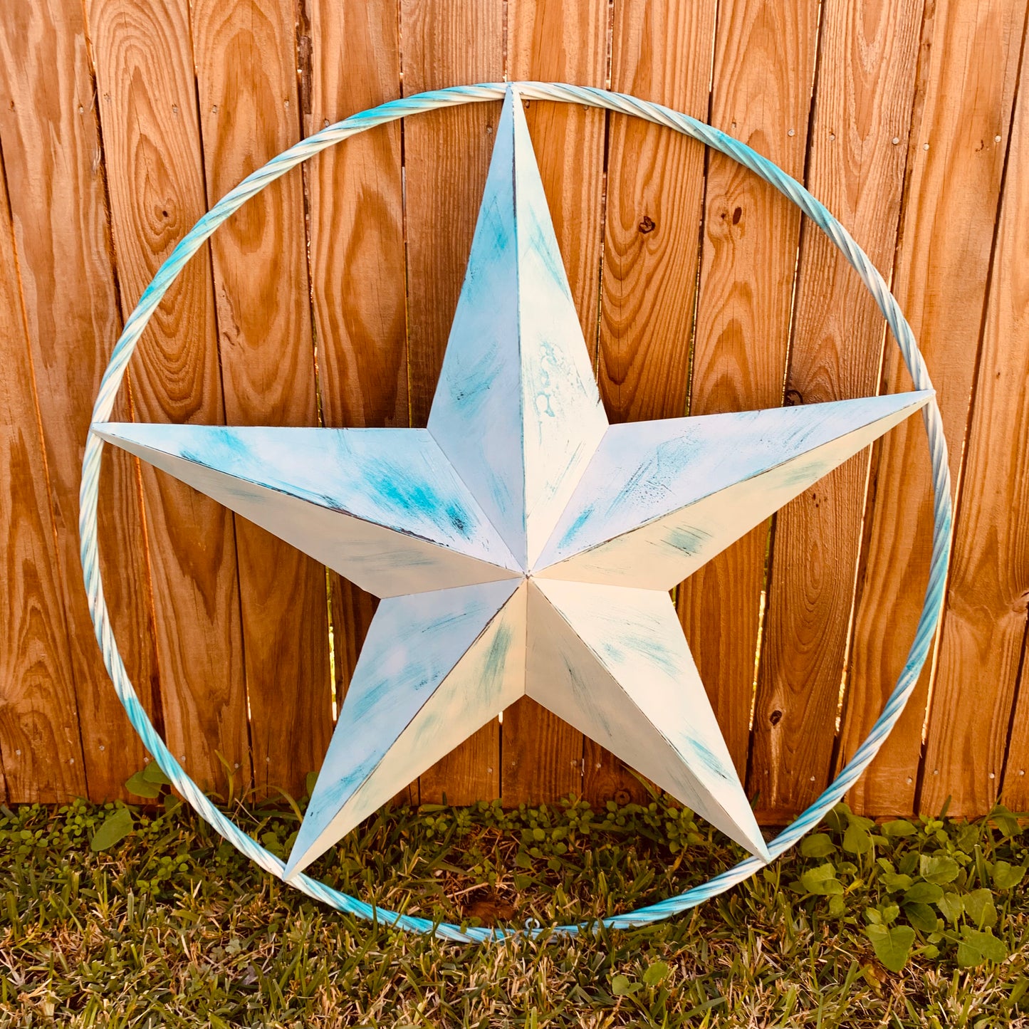 #EH11219 TURQUOISE WHITE DISTRESSED STAR TWO TONE TEXTURE BARN STAR METAL LONESTAR TWISTED ROPE RING WESTERN HOME DECOR HANDMADE NEW