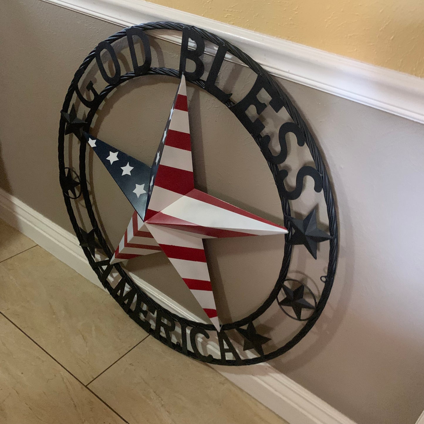 GOD BLESS AMERICA USA FLAG 3d STAR METAL BARN STAR BLACK TWISTED ROPE RING WALL ART WESTERN HOME DECOR RED WHITE & BLUE HANDMADE NEW #EH10490