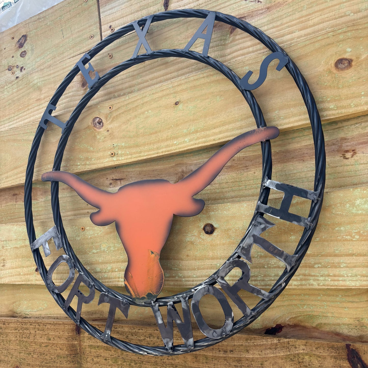 TEXAS FORT WORTH METAL SIGN LONGHORNS ORANGE WESTERN HOME DECOR HANDMADE