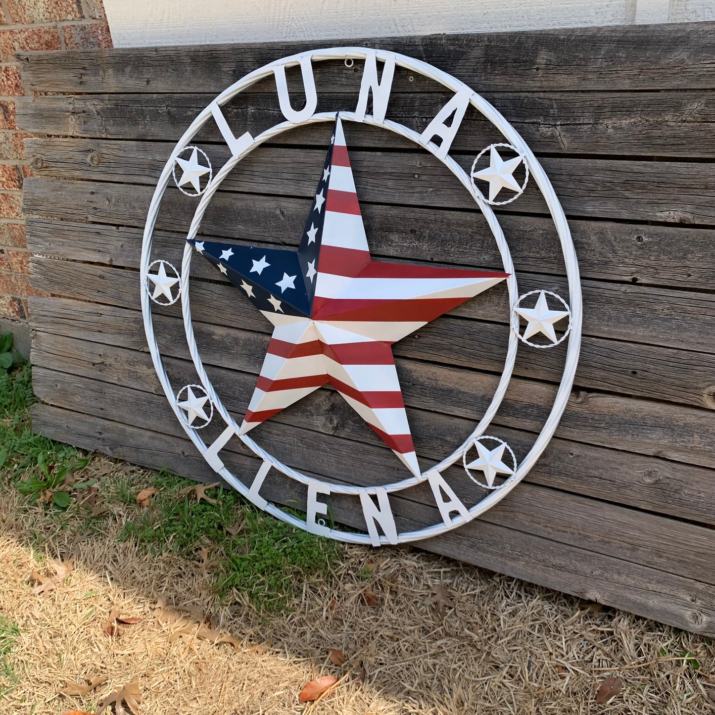 LUNA STYLE CUSTOM NAME BARN STAR METAL STAR 3d TWISTED ROPE RING WESTERN HOME DECOR USA FLAG STAR RED WHOTE & BLUE WITH WHITE RING HANDMADE 24",32",36",50"