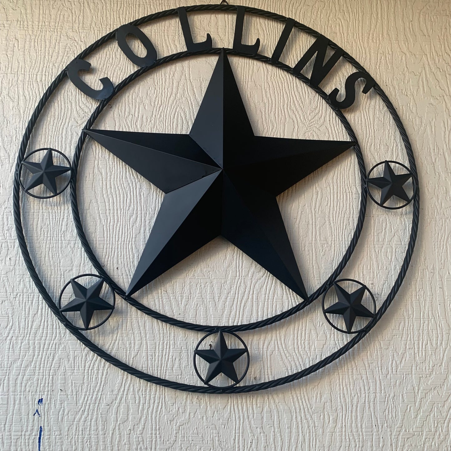 COLLINS STYLE CUSTOM STAR NAME BARN METAL STAR 3d TWISTED ROPE RING WESTERN HOME DECOR RUSTIC BLACK HANDMADE 24",32",36",50"