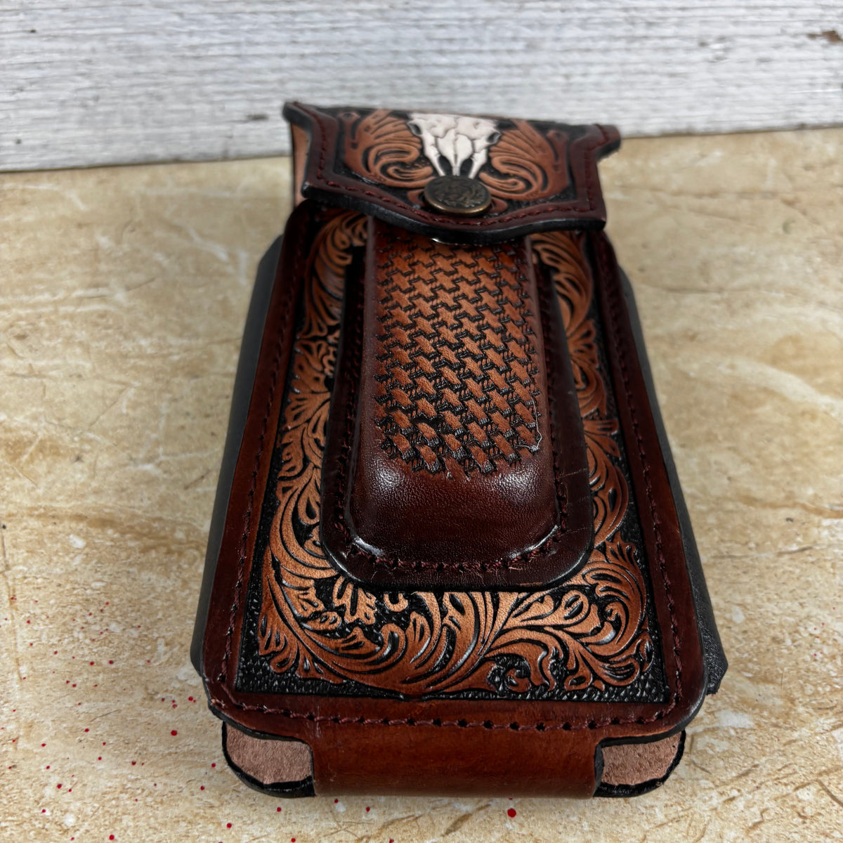 LONGHORN LEATHER HOLSTER 7" PHONE POUCH WITH KNIFE HOLDER FRONT EXTRA LARGE  BELT LOOP CELL PHONE CASE UNIVERSAL OVERSIZE MEXICO MADE #EH13806