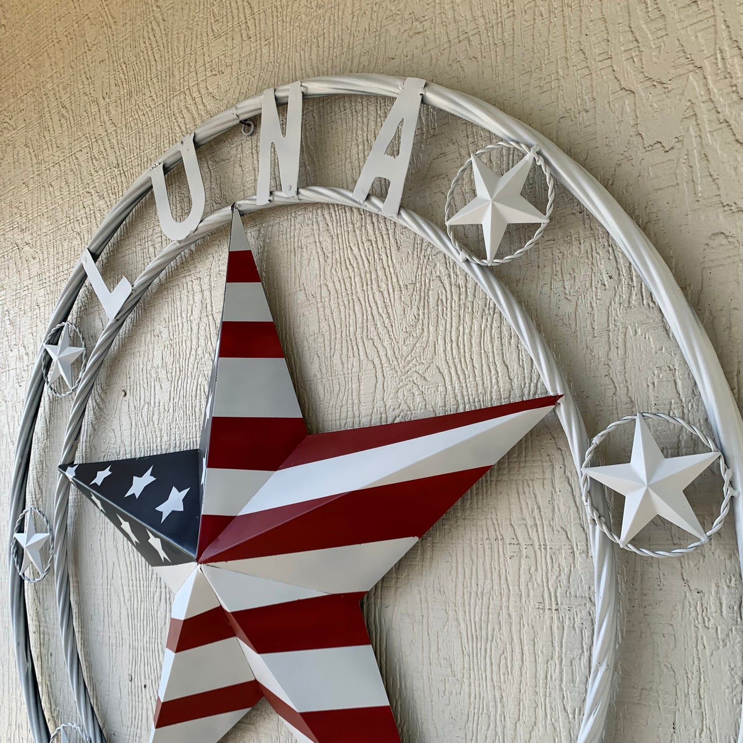 LUNA STYLE CUSTOM NAME BARN STAR METAL STAR 3d TWISTED ROPE RING WESTERN HOME DECOR USA FLAG STAR RED WHOTE & BLUE WITH WHITE RING HANDMADE 24",32",36",50"