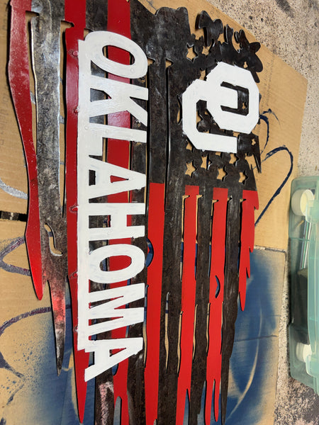 OU OKLAHOMA SOONERS METAL TATTERED FLAG CUSTOM VINTAGE CRAFT WALL ART