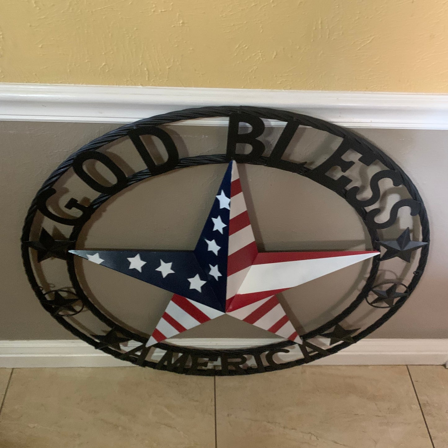 GOD BLESS AMERICA USA FLAG 3d STAR METAL BARN STAR BLACK TWISTED ROPE RING WALL ART WESTERN HOME DECOR RED WHITE & BLUE HANDMADE NEW #EH10490