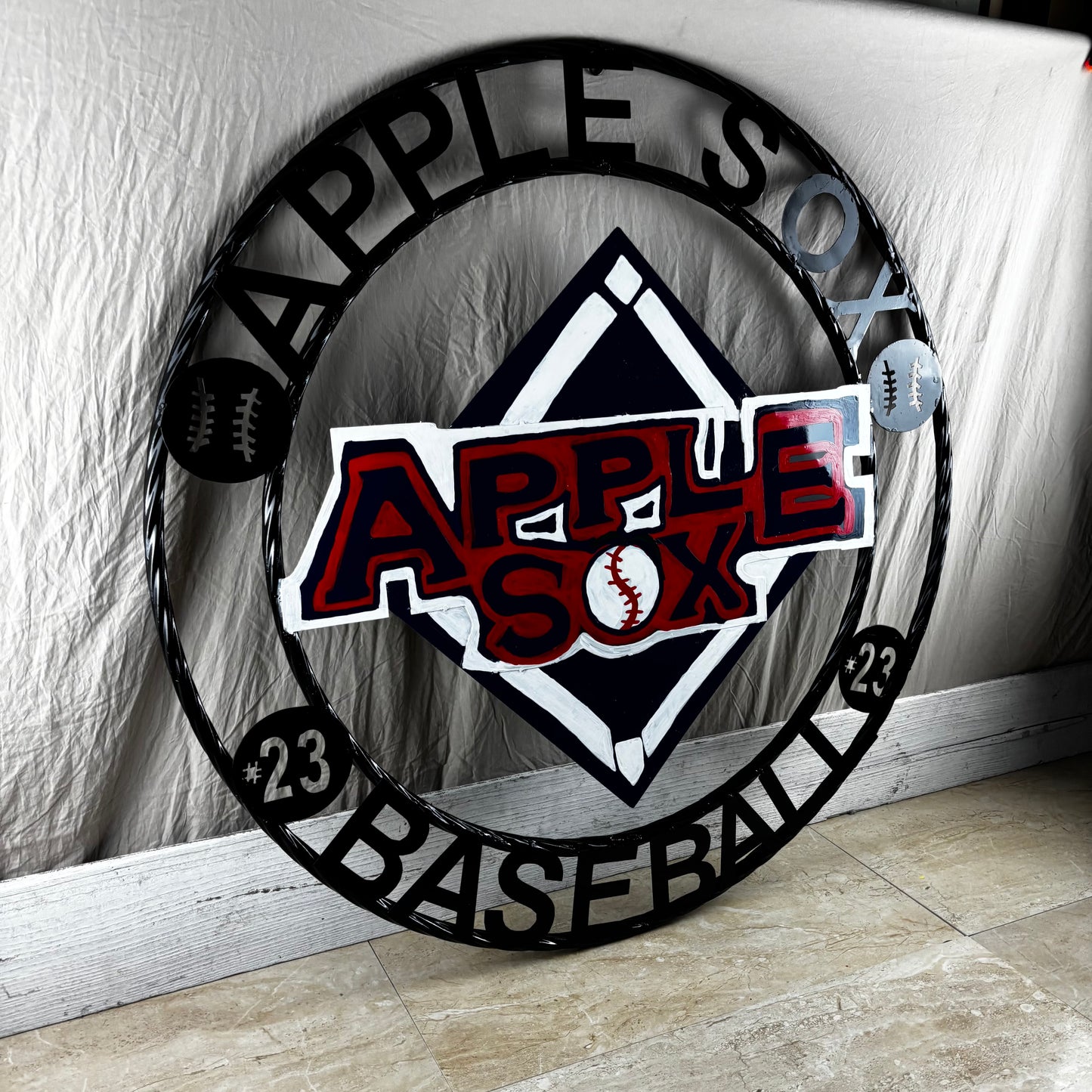 APPLE SOX BASEBALL CUSTOM METAL VINTAGE CRAFT SIGN TEAM NAVY BLUE WHITE RED HANDMADE