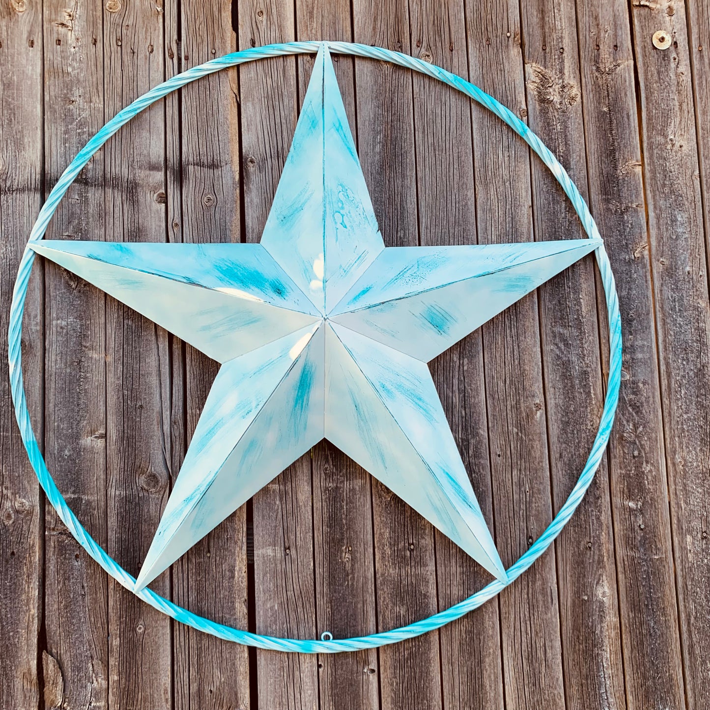 #EH11219 TURQUOISE WHITE DISTRESSED STAR TWO TONE TEXTURE BARN STAR METAL LONESTAR TWISTED ROPE RING WESTERN HOME DECOR HANDMADE NEW