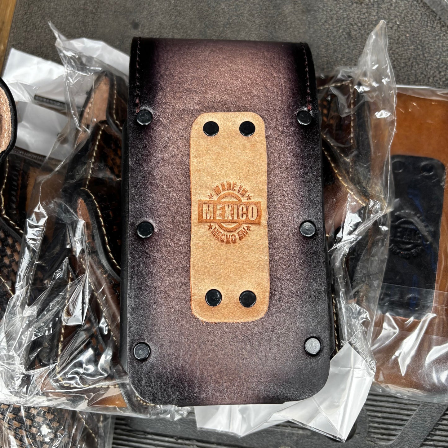 LEAF LEATHER HOLSTER 7" PHONE POUCH WITH KNIFE HOLDER FRONT EXTRA LARGE  BELT LOOP CELL PHONE CASE UNIVERSAL OVERSIZE MEXICO MADE #EH