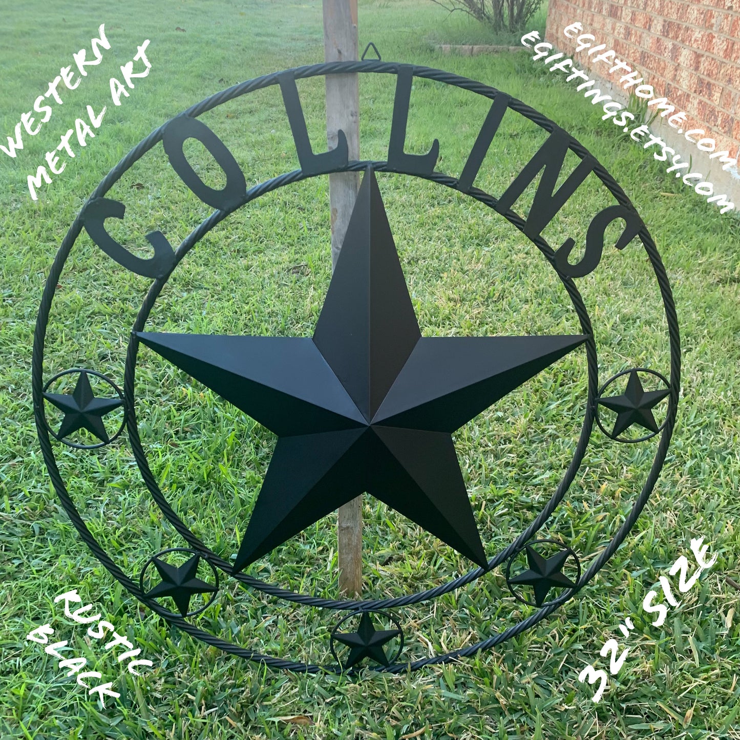 COLLINS STYLE CUSTOM STAR NAME BARN METAL STAR 3d TWISTED ROPE RING WESTERN HOME DECOR RUSTIC BLACK HANDMADE 24",32",36",50"