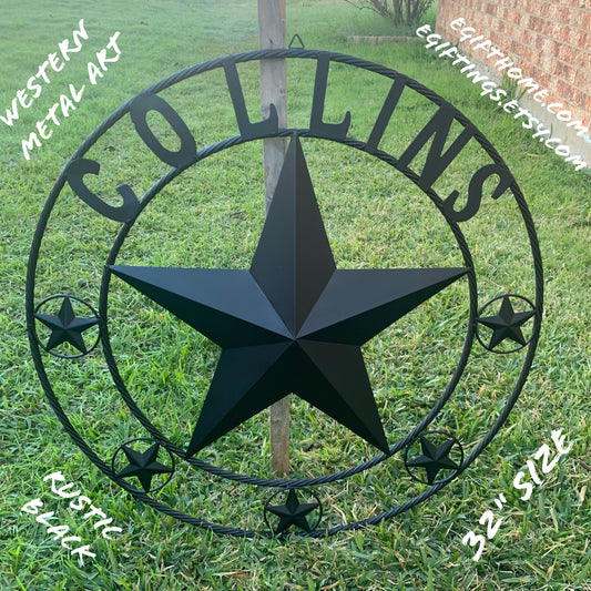 COLLINS STYLE CUSTOM STAR NAME BARN METAL STAR 3d TWISTED ROPE RING WESTERN HOME DECOR RUSTIC BLACK HANDMADE 24",32",36",50"