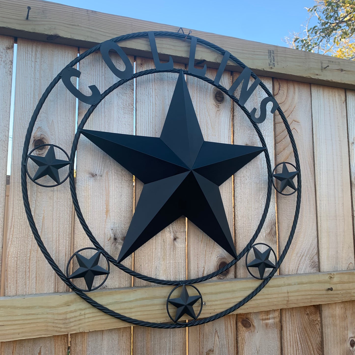 COLLINS STYLE CUSTOM STAR NAME BARN METAL STAR 3d TWISTED ROPE RING WESTERN HOME DECOR RUSTIC BLACK HANDMADE 24",32",36",50"