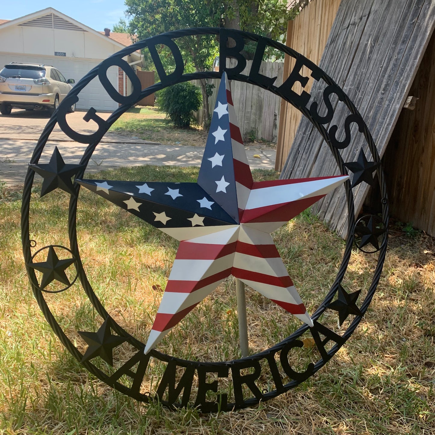 GOD BLESS AMERICA USA FLAG 3d STAR METAL BARN STAR BLACK TWISTED ROPE RING WALL ART WESTERN HOME DECOR RED WHITE & BLUE HANDMADE NEW #EH10490