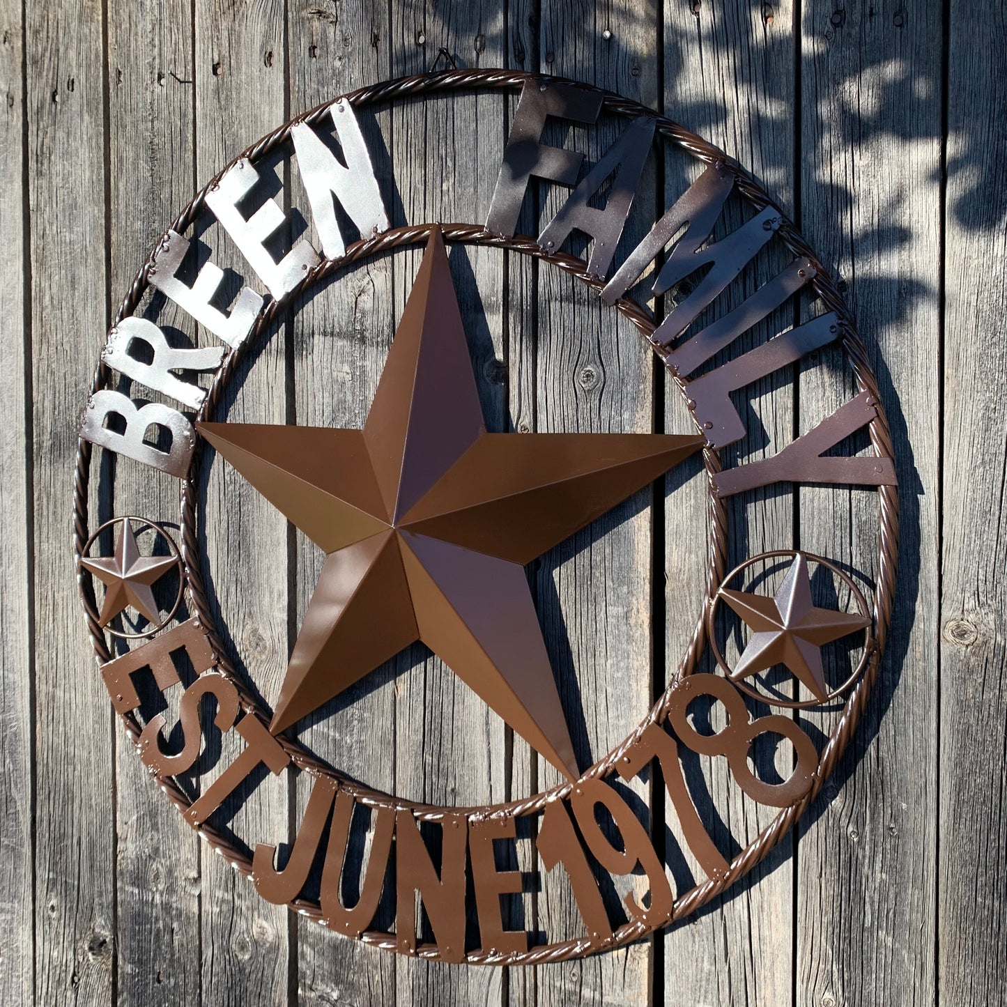 BREEN FAMILY STYLE CUSTOM NAME STAR BARN METAL STAR 3d TWISTED ROPE RING WESTERN HOME DECOR RUSTIC BROWN HANDMADE 24",32",36",50"
