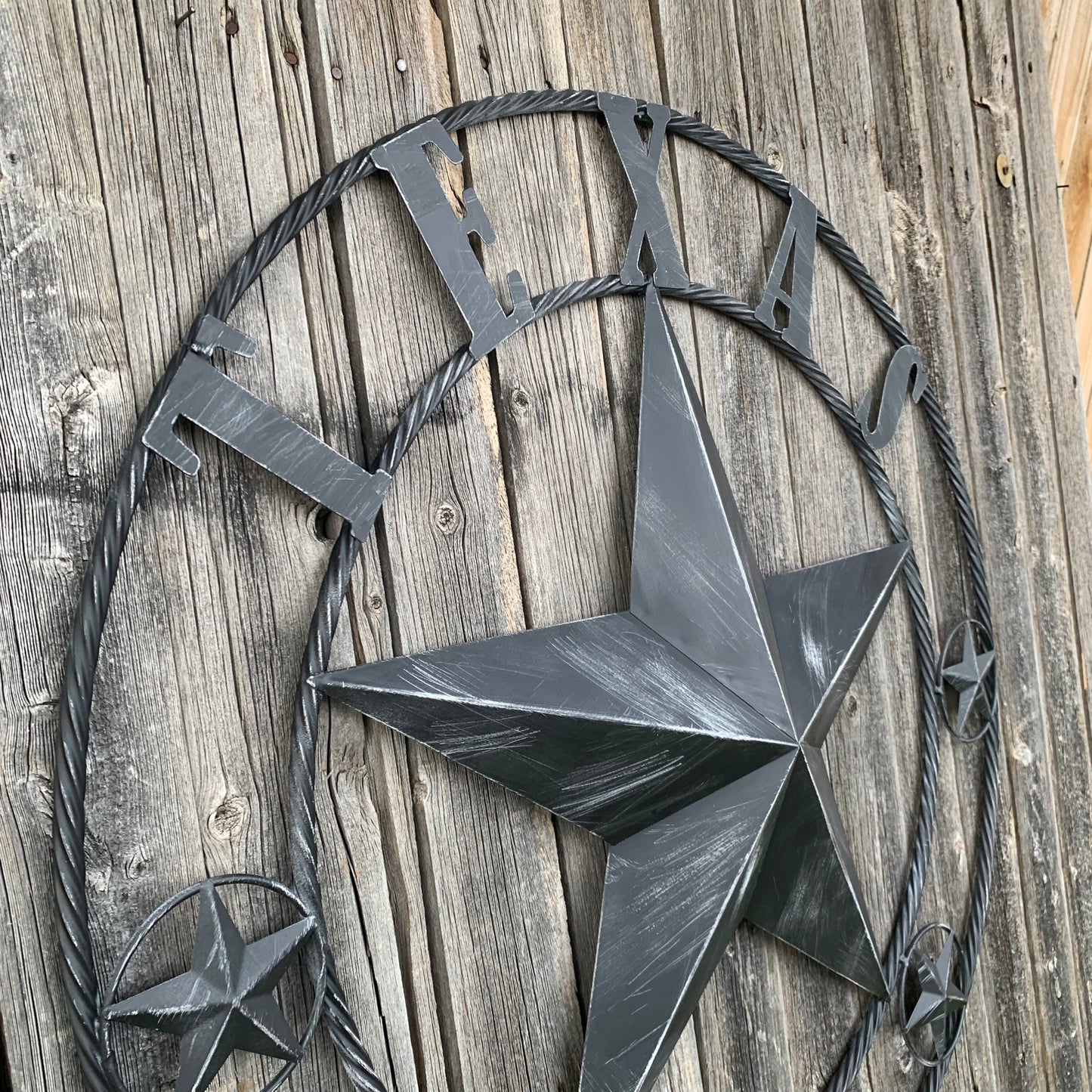 TEXAS BLACK DISTRESSED STAR TWO TONE TEXTURE BARN STAR METAL LONESTAR TWISTED ROPE RING WESTERN HOME DECOR HANDMADE NEW