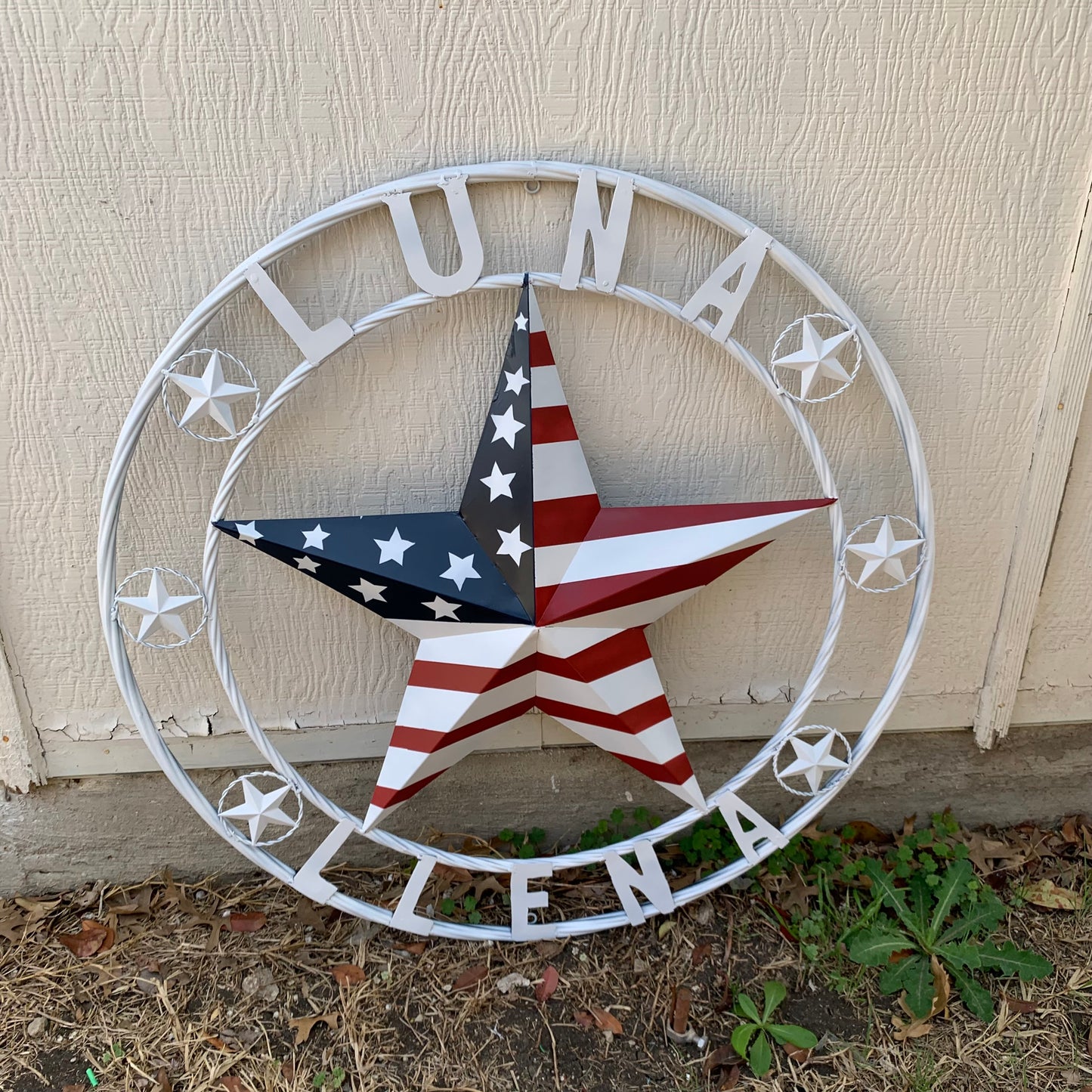 LUNA STYLE CUSTOM NAME BARN STAR METAL STAR 3d TWISTED ROPE RING WESTERN HOME DECOR USA FLAG STAR RED WHOTE & BLUE WITH WHITE RING HANDMADE 24",32",36",50"