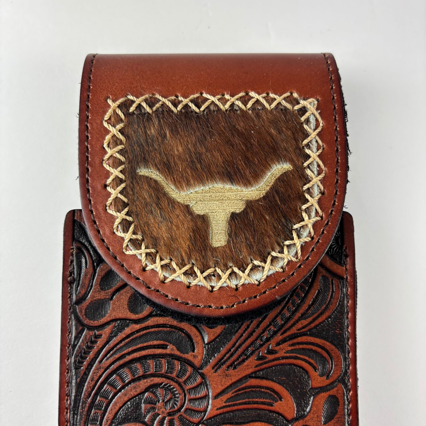 7" LONGHORNS LEATHER HOLSTER BROWN POUCH EXTRA LARGE  BELT LOOP CELL PHONE CASE UNIVERSAL OVERSIZE #EH13321