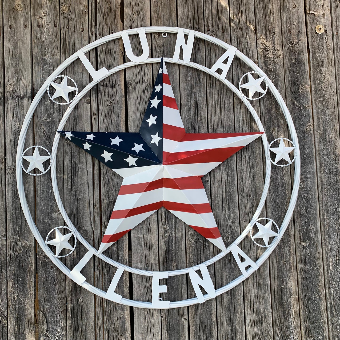 LUNA STYLE CUSTOM NAME BARN STAR METAL STAR 3d TWISTED ROPE RING WESTERN HOME DECOR USA FLAG STAR RED WHOTE & BLUE WITH WHITE RING HANDMADE 24",32",36",50"