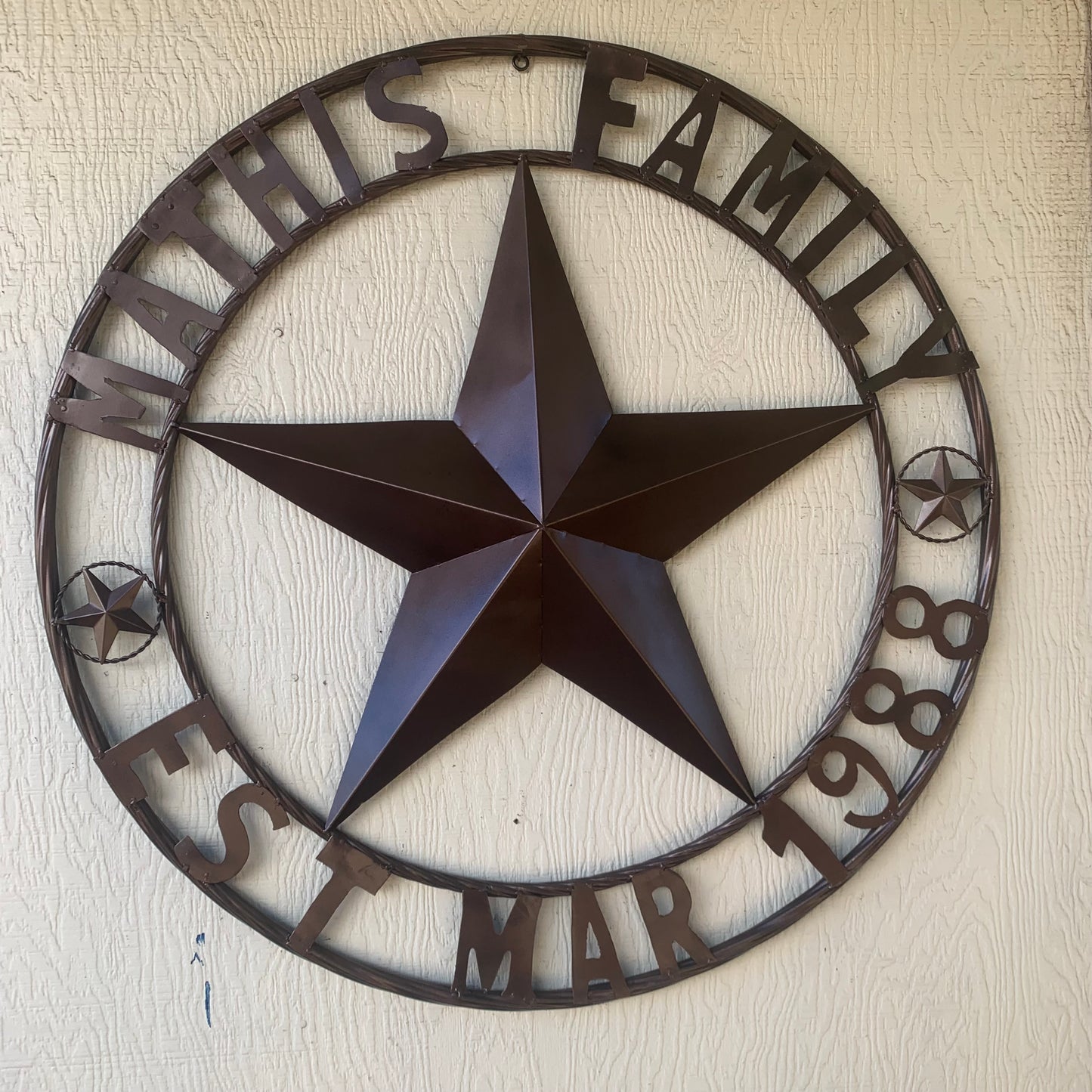 MATHIS STYLE CUSTOM NAME STAR BARN STAR 3d METAL LONESTAR TWISTED ROPE RING WESTERN HOME DECOR RUSTIC BRONZE COPPER HANDMADE 24",32",36",50"