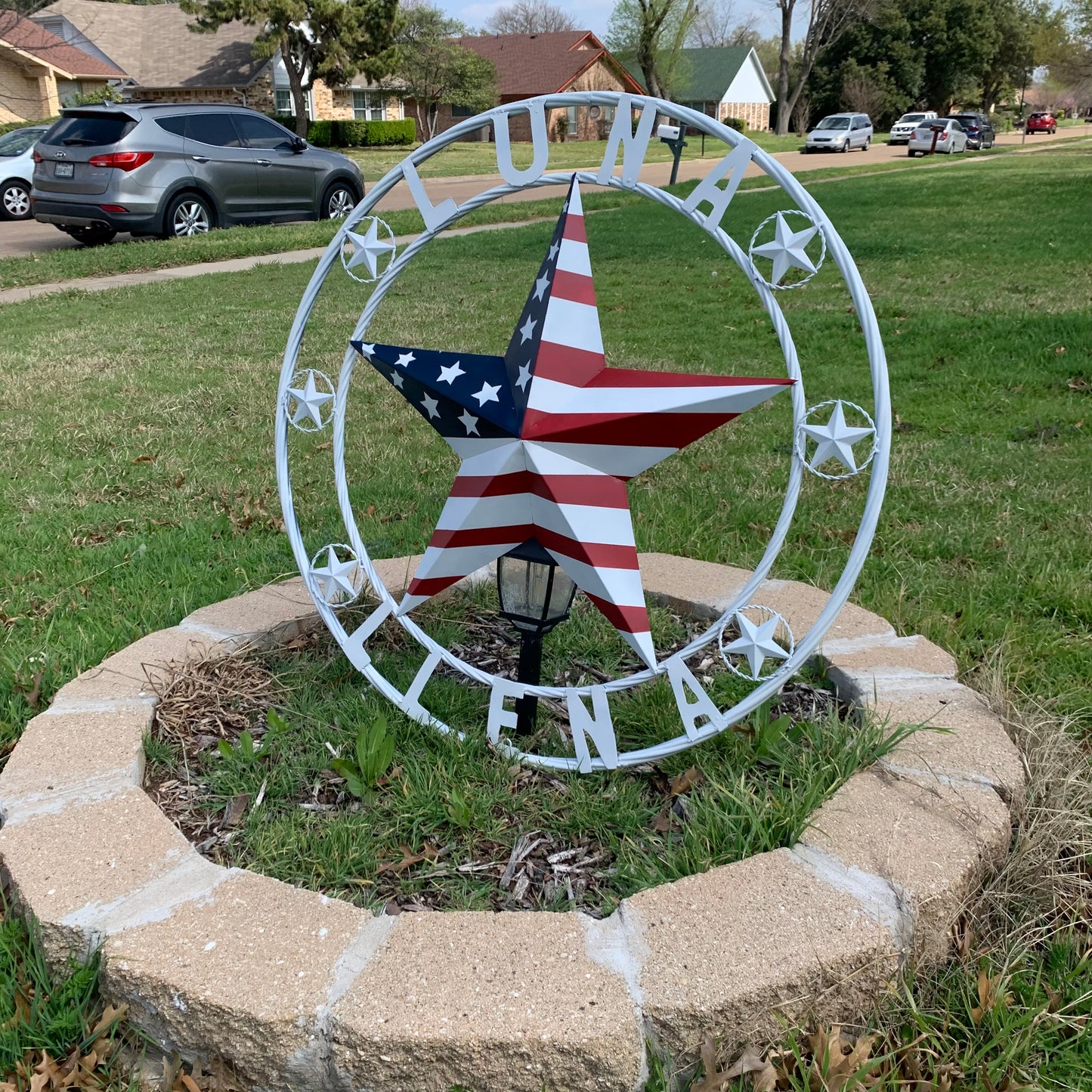 LUNA STYLE CUSTOM NAME BARN STAR METAL STAR 3d TWISTED ROPE RING WESTERN HOME DECOR USA FLAG STAR RED WHOTE & BLUE WITH WHITE RING HANDMADE 24",32",36",50"