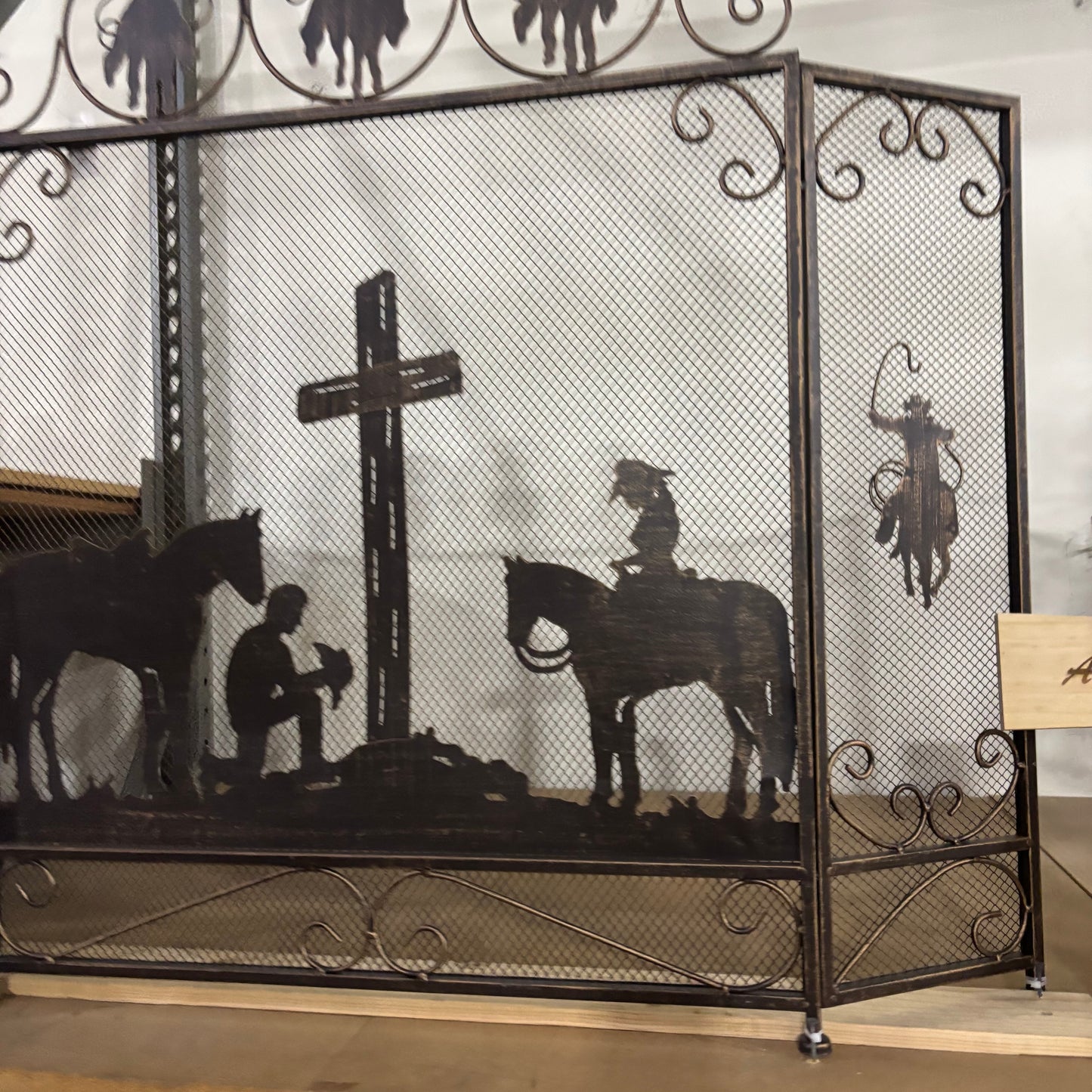 PRAYING COWBOY CHURCH METAL FIREPLACE SCREEN 39" X 34" WESTERN HOME DECOR HANDMADE #EH80004