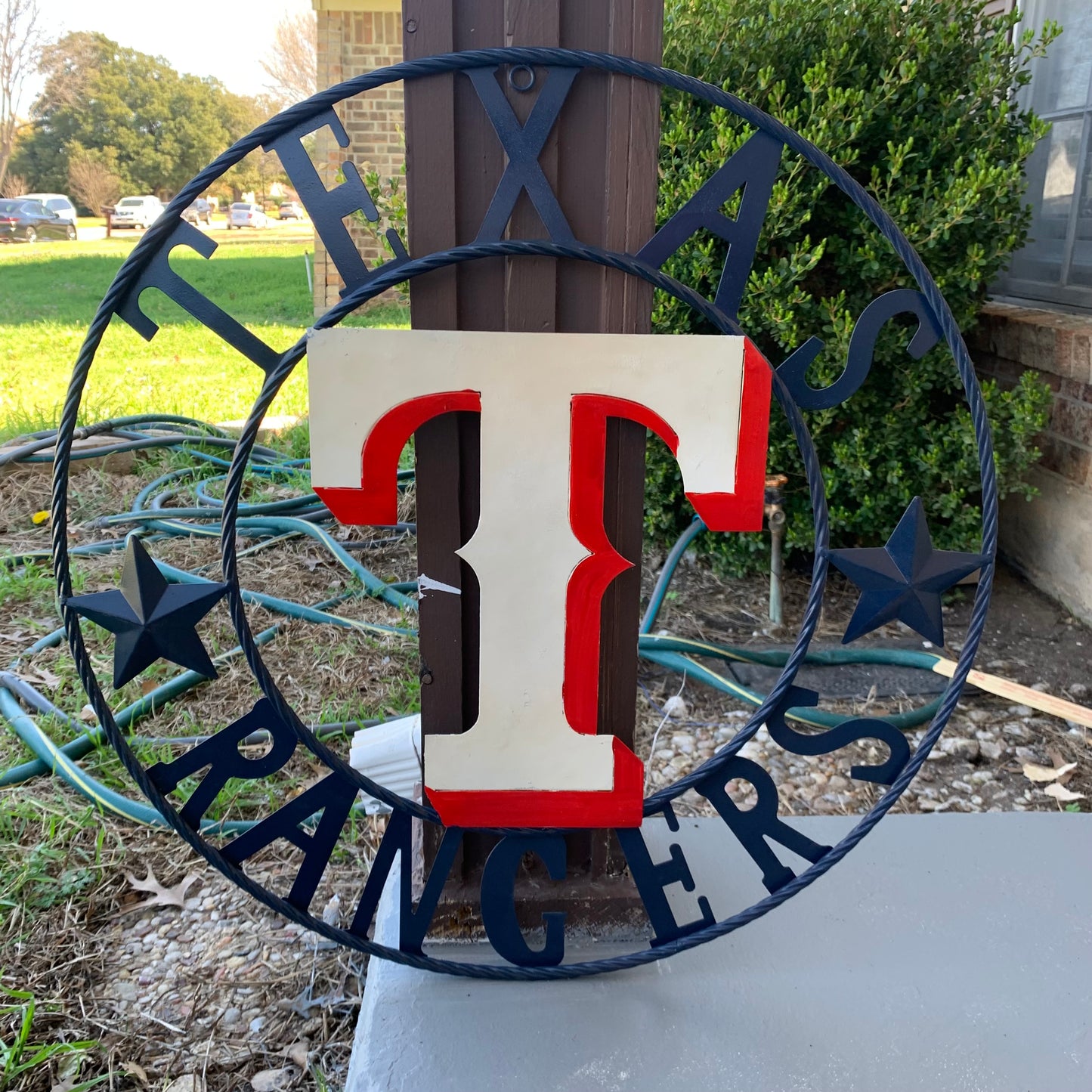 12", 18", 24", 32" TEXAS RANGERS BARN CUSTOM METAL VINTAGE CRAFT SIGN TEAM  WHITE & RED & NAVY BLUE RING & STAR HANDMADE