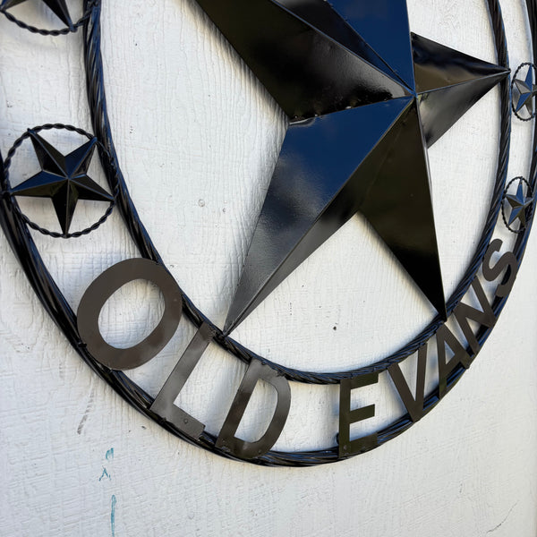 360 OLD EVANS STYLE CUSTOM STAR NAME BARN METAL STAR 3d TWISTED ROPE RING WESTERN HOME DECOR RUSTIC BLACK HANDMADE 24",32",36",50"