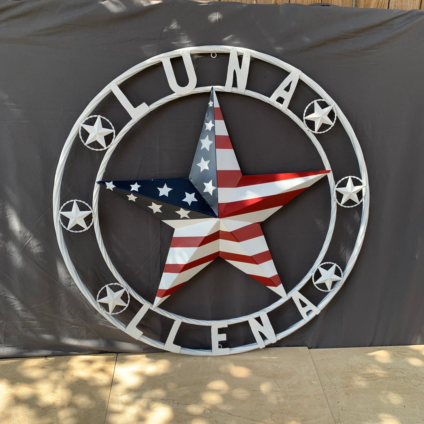 LUNA STYLE CUSTOM NAME BARN STAR METAL STAR 3d TWISTED ROPE RING WESTERN HOME DECOR USA FLAG STAR RED WHOTE & BLUE WITH WHITE RING HANDMADE 24",32",36",50"