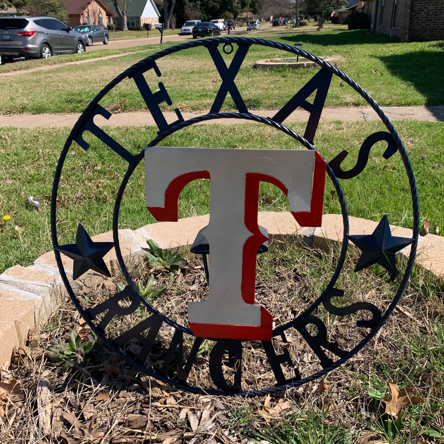 12", 18", 24", 32" TEXAS RANGERS BARN CUSTOM METAL VINTAGE CRAFT SIGN TEAM  WHITE & RED & NAVY BLUE RING & STAR HANDMADE