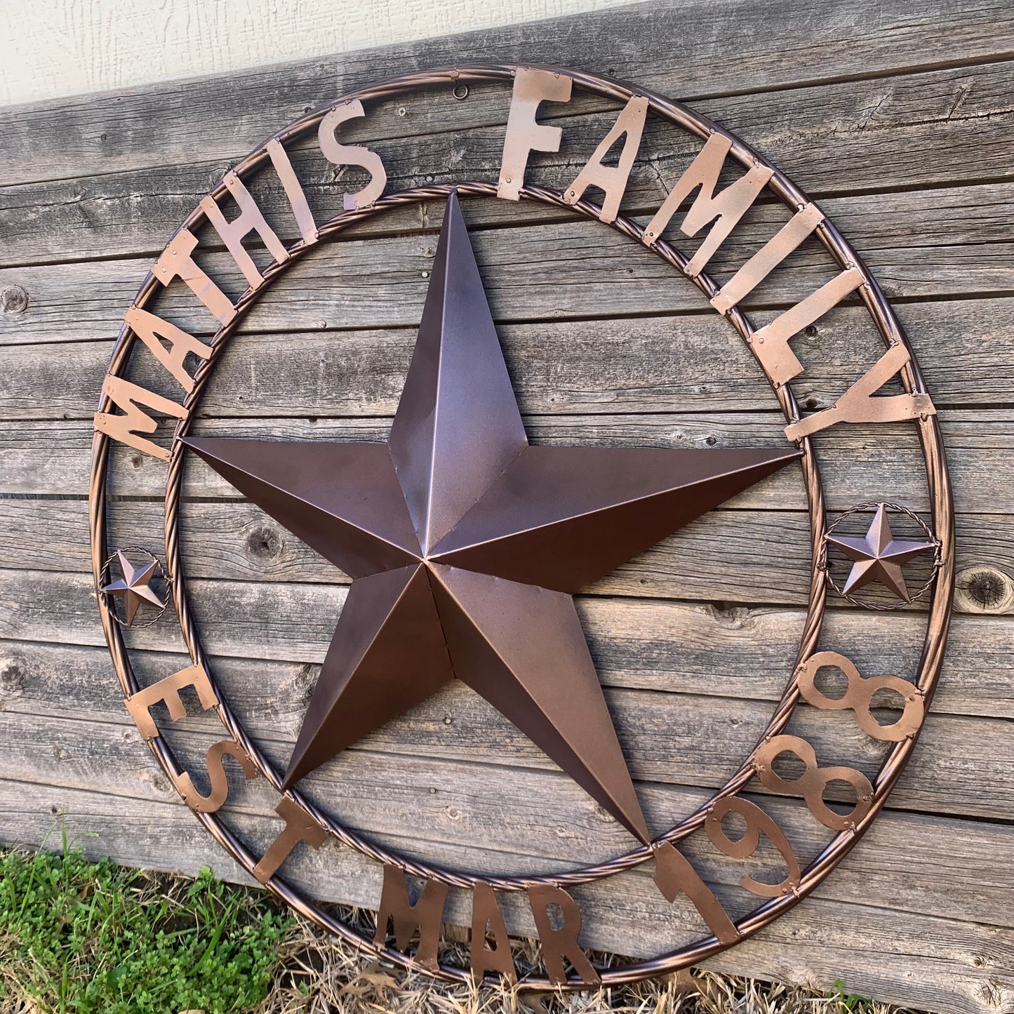 MATHIS STYLE CUSTOM NAME STAR BARN STAR 3d METAL LONESTAR TWISTED ROPE RING WESTERN HOME DECOR RUSTIC BRONZE COPPER HANDMADE 24",32",36",50"