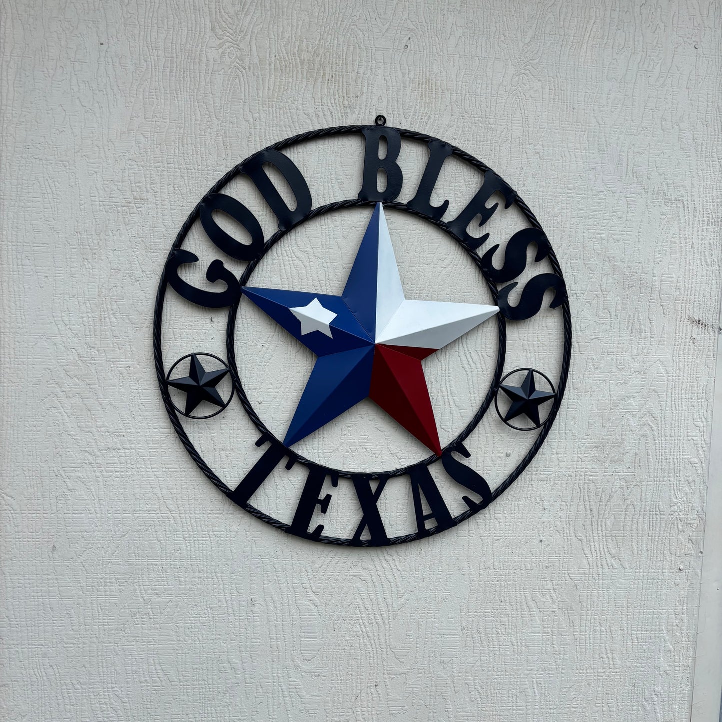 GOD BLESS TEXAS BARN STAR RED WHITE BLUE STAR WITH NAVY BLUE RING LONE STAR TWISTED ROPE RING WESTERN HOME DECOR HANDMADE