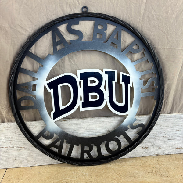 DBU DALLAS BAPTIST CUSTOM METAL VINTAGE CRAFT TEAM SIGN NAVY BLUE AND WHITE WORH BLACK RING WESTERN HOME DECOR HANDMADE