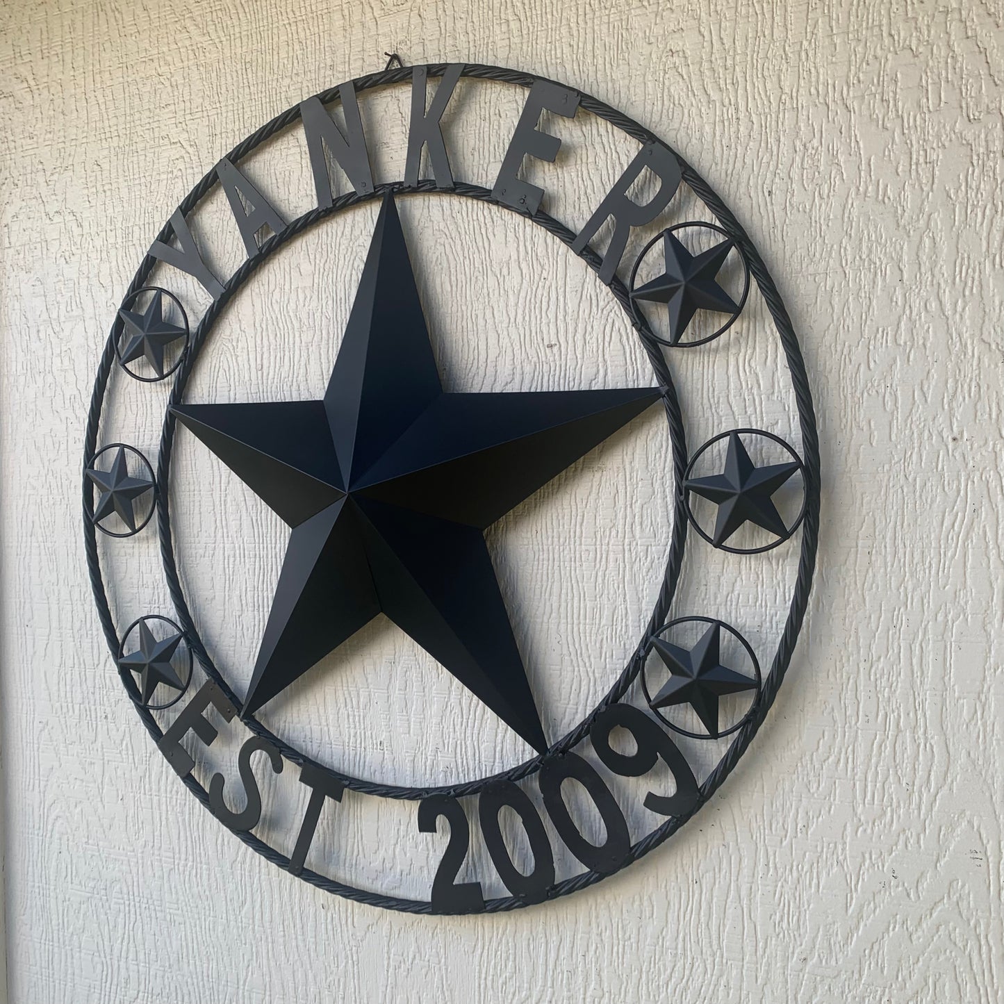 YANKER STYLE CUSTOM NAME STAR BARN METAL STAR 3d TWISTED ROPE RING WESTERN HOME DECOR RUSTIC BLACK HANDMADE 24",32",36",50"