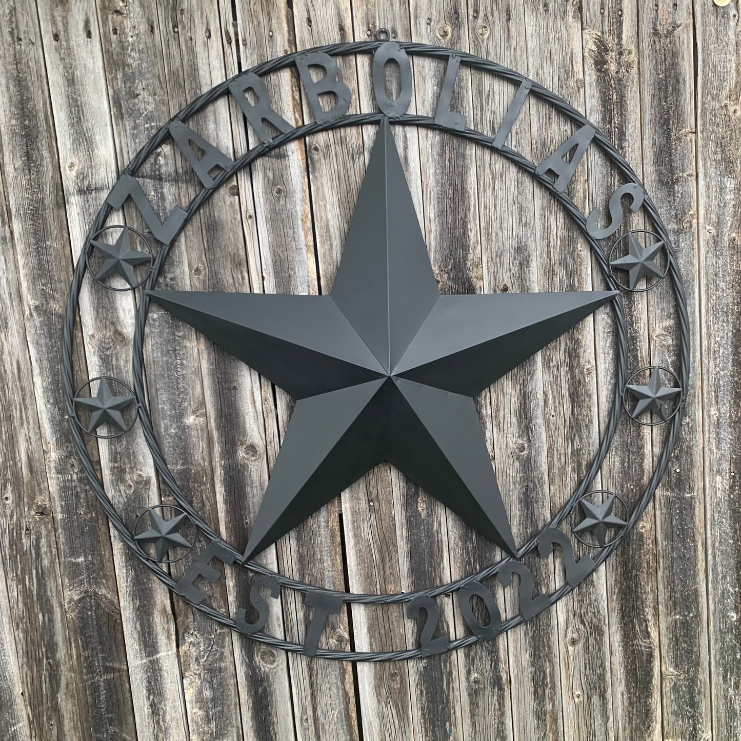 ZARBOLIAS STYLE CUSTOM NAME STAR BARN METAL STAR 3d TWISTED ROPE RING WESTERN HOME DECOR RUSTIC BLACK HANDMADE 24",32",36",50"