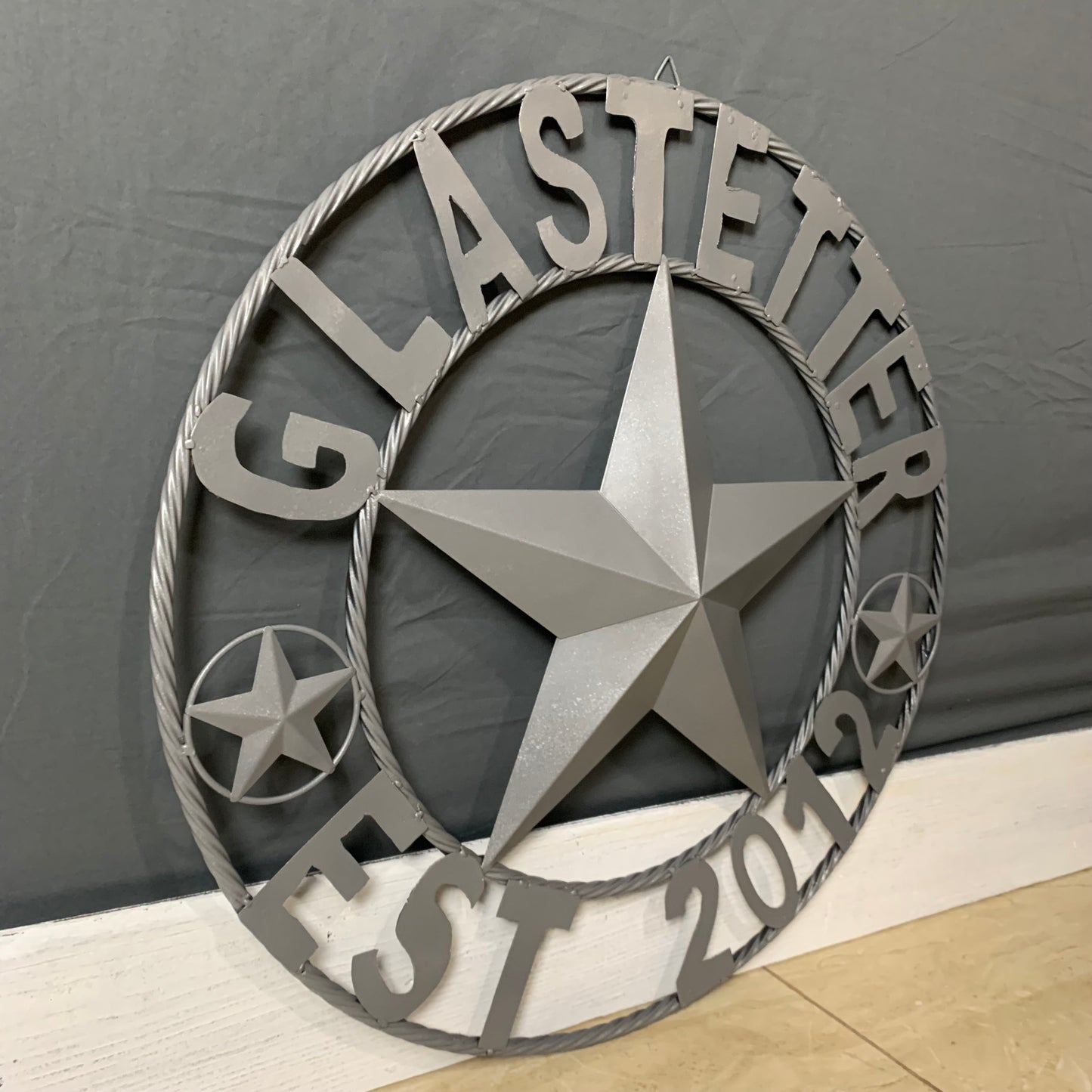 GLASTETTER STYLE YOUR CUSTOM NAME BARN STAR 3d METAL LONE STAR TWISTED ROPE RING WESTERN HOME DECOR RUSTIC GREY HANDMADE 24",32",36",50"