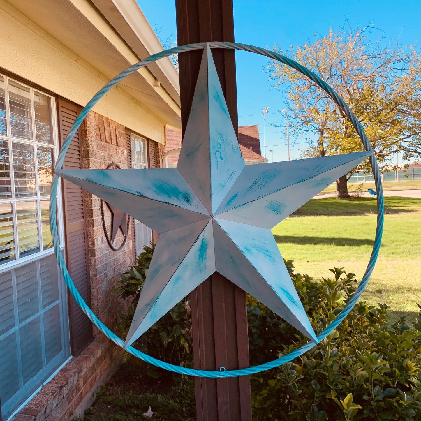 #EH11219 TURQUOISE WHITE DISTRESSED STAR TWO TONE TEXTURE BARN STAR METAL LONESTAR TWISTED ROPE RING WESTERN HOME DECOR HANDMADE NEW