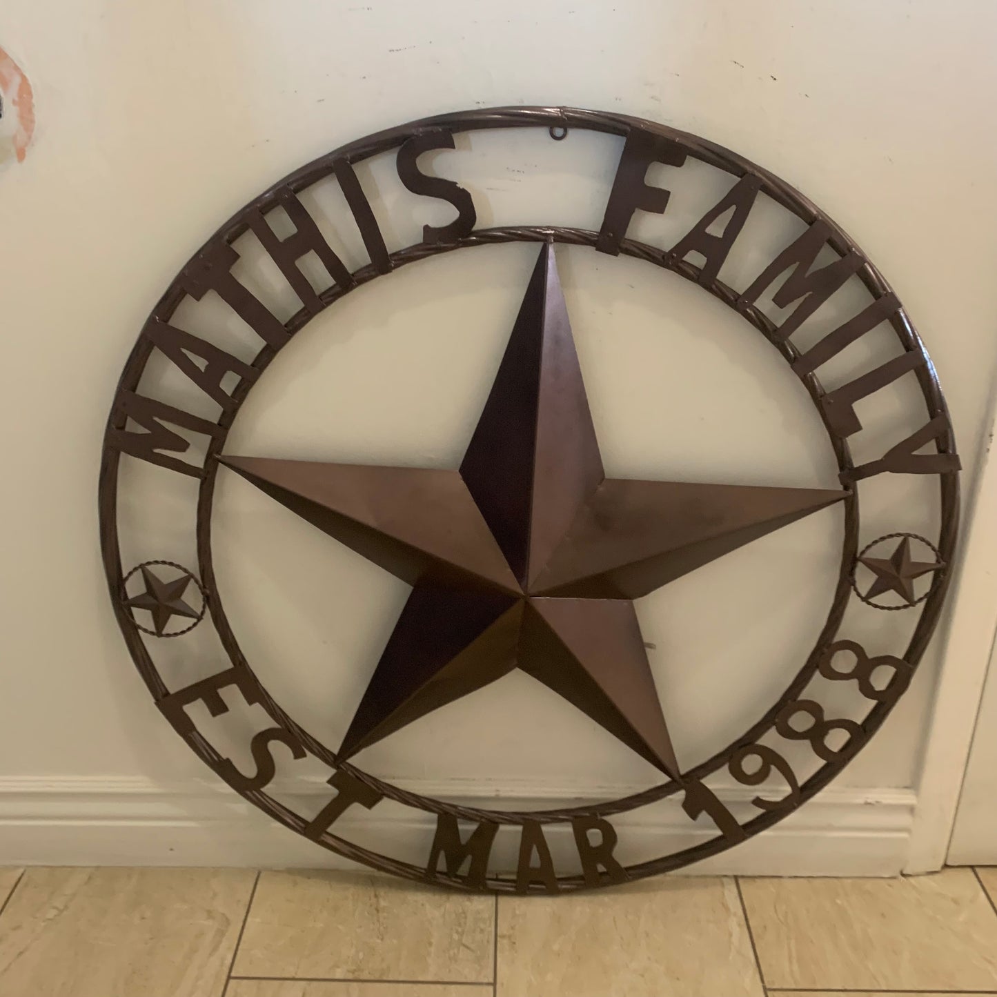 MATHIS STYLE CUSTOM NAME STAR BARN STAR 3d METAL LONESTAR TWISTED ROPE RING WESTERN HOME DECOR RUSTIC BRONZE COPPER HANDMADE 24",32",36",50"