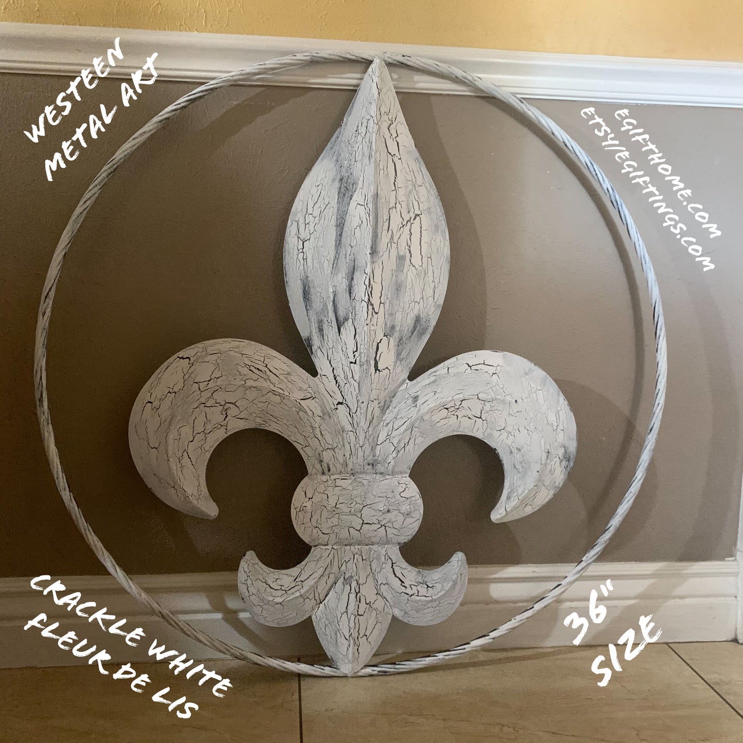 24",36" FLEUR DE LIS METAL CRACKLE WHITE WESTERN HOME DECOR HANDMADE WALL ART NEW #EH10149
