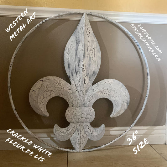 24",36" FLEUR DE LIS METAL CRACKLE WHITE WESTERN HOME DECOR HANDMADE WALL ART NEW #EH10149
