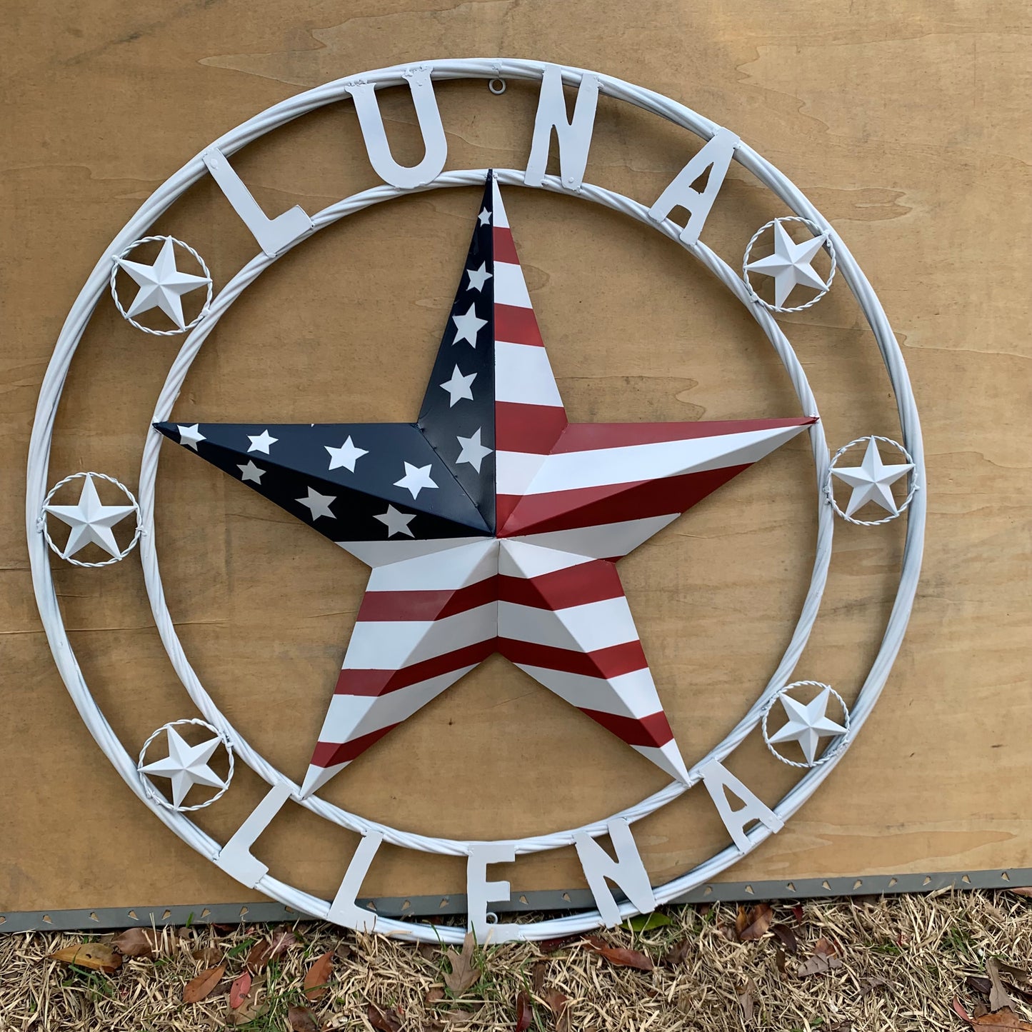 LUNA STYLE CUSTOM NAME BARN STAR METAL STAR 3d TWISTED ROPE RING WESTERN HOME DECOR USA FLAG STAR RED WHOTE & BLUE WITH WHITE RING HANDMADE 24",32",36",50"