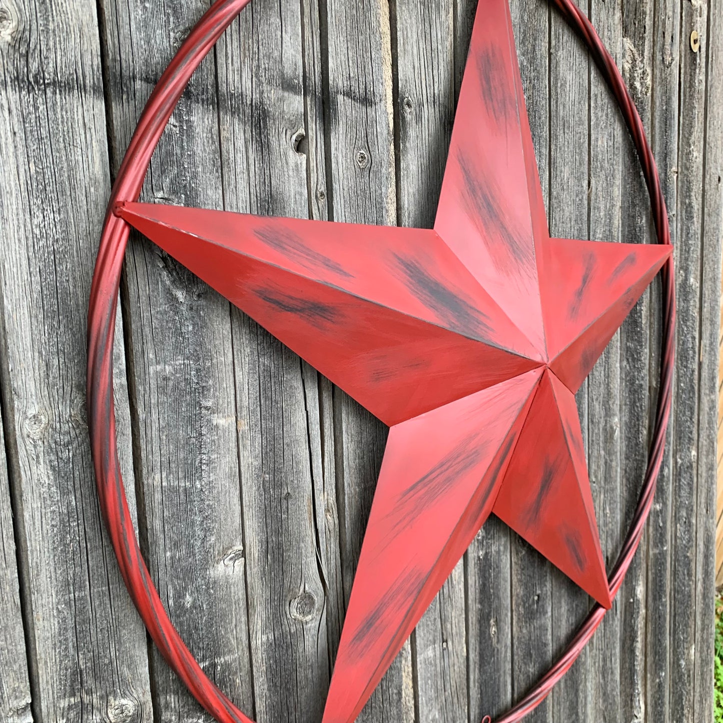 RED DISTRESSED STAR TWO TONE TEXTURE BARN STAR METAL LONESTAR TWISTED ROPE RING WESTERN HOME DECOR HANDMADE NEW #EH12958
