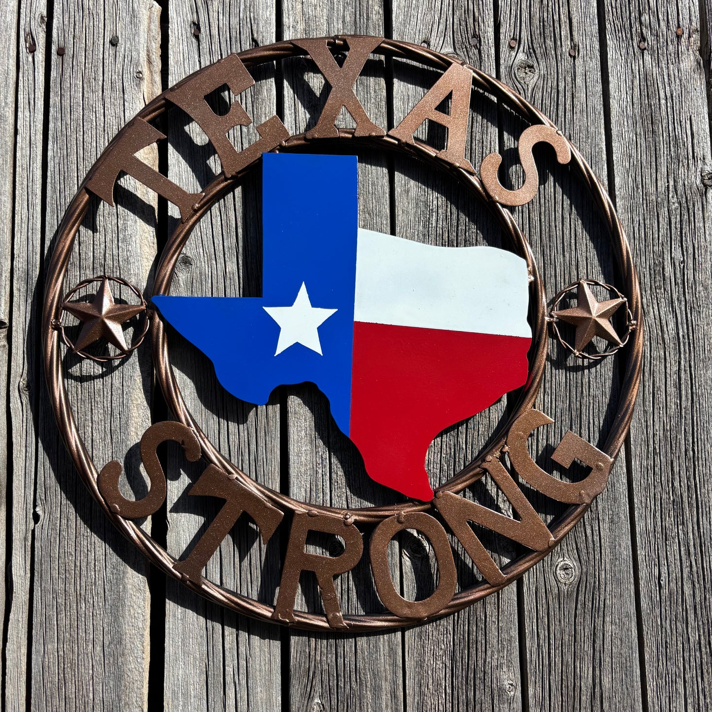 TEXAS STRONG SIGN METAL WALL ART WESTERN HOME DECOR RED WHITE BLUE WITH BRONZE RING HANDMADE #EH13212