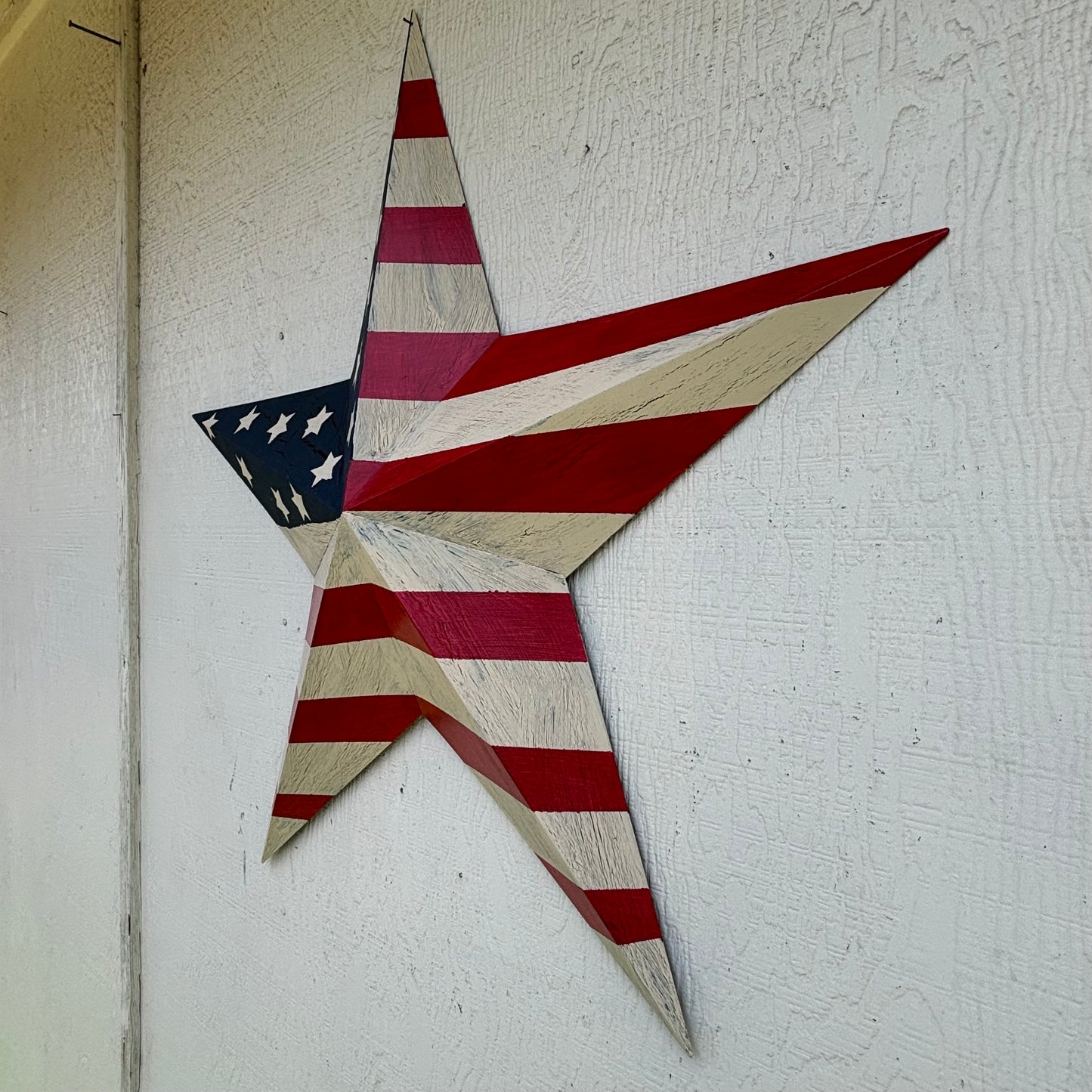 USA FLAG STAR CRACKLE RED IVORY NAVY BLUE METAL BARN STAR METAL WALL ART WESTERN HOME DECOR HANDMADE NEW