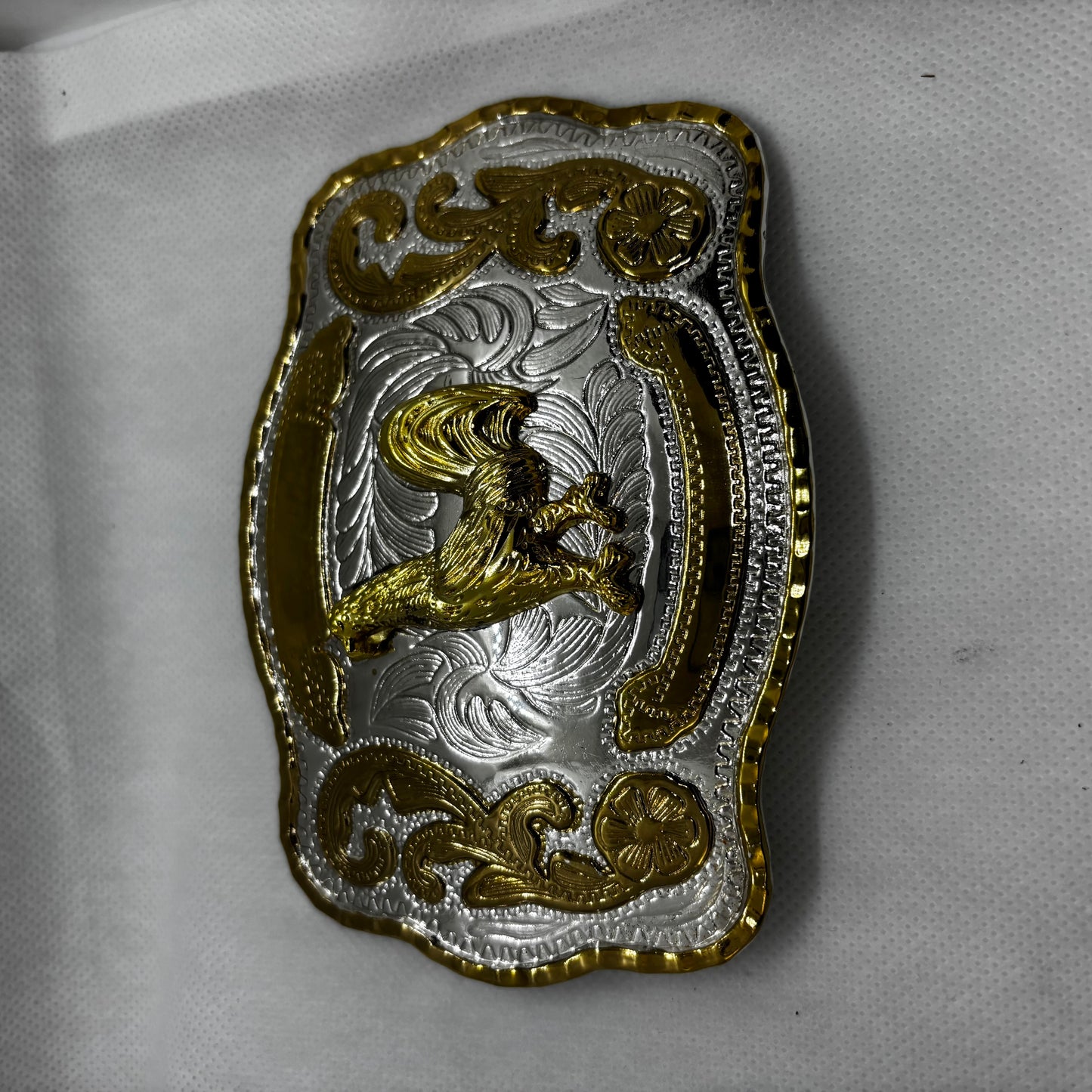 ROOSTER BELT BUCKLE GOLD SILVER WESTERN BUCKLE CRAFT HANDMADE 5.5" X 4" #EH13802