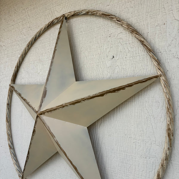 DISTRESSED IVORY WHITE ANTIQUE STAR TWIST ROPE RING METAL WALL ART WESTERN HOME DECOR HANDMADE #EH13132