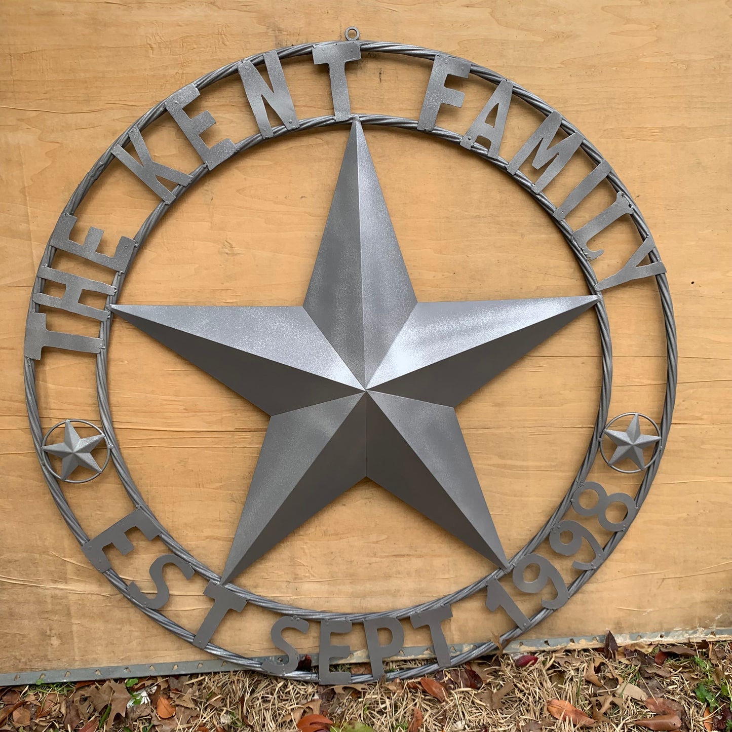 KENT STYLE CUSTOM STAR NAME BARN METAL STAR 3d TWISTED ROPE RING WESTERN HOME DECOR RUSTIC GREY SILVER HANDMADE 24",32",36",50"