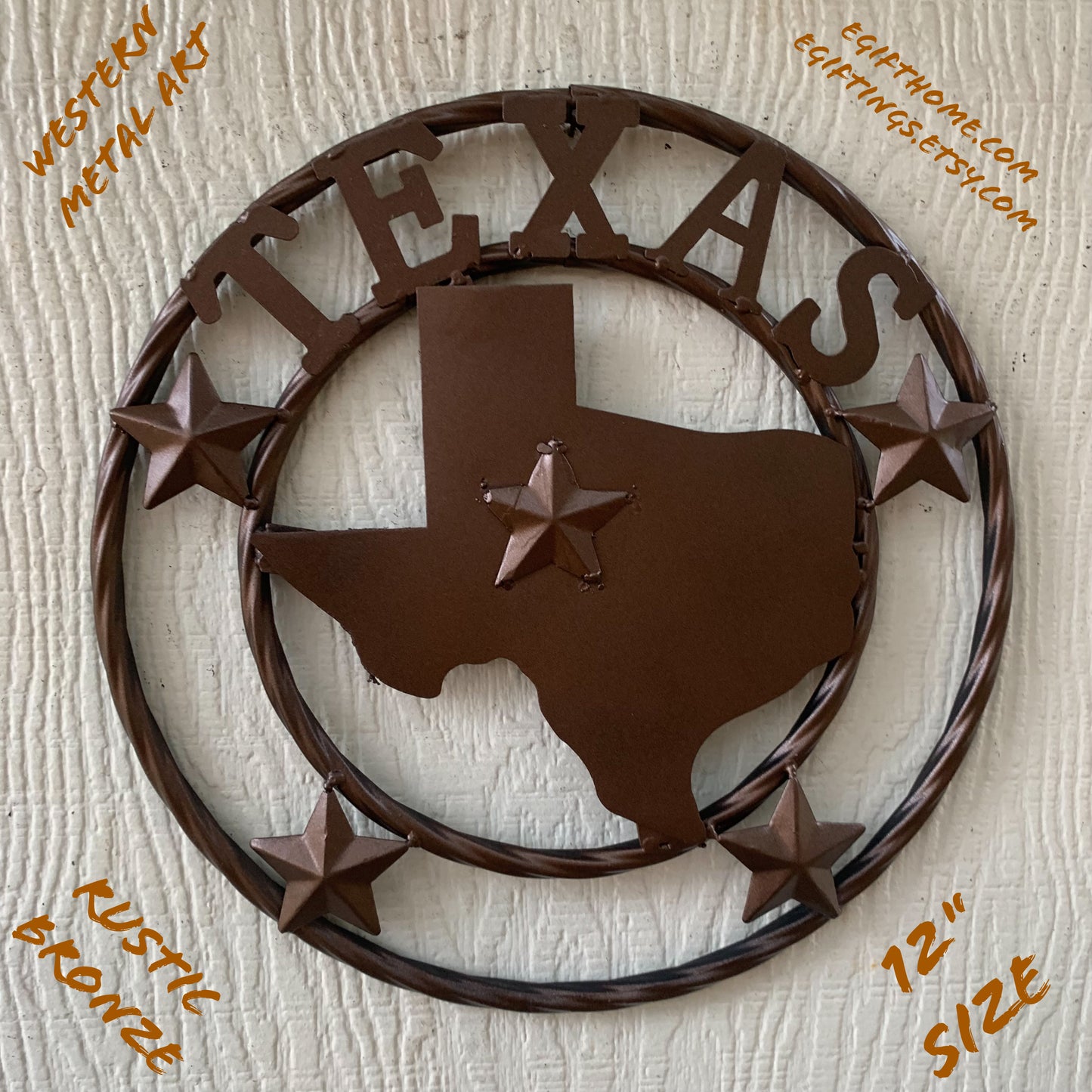 12" STATE OF TEXAS MAP RUSTIC BRONZE TWISTED RING METAL SIGN WESTERN HOME DECOR HANDMADE NEW