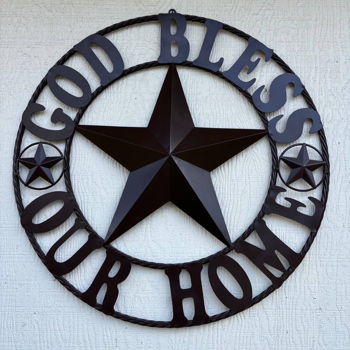 GOD BLESS OUR HOME BLACK BARN STAR METAL LONE STAR TWISTED ROPE RING WESTERN HOME DECOR HANDMADE #EH10941