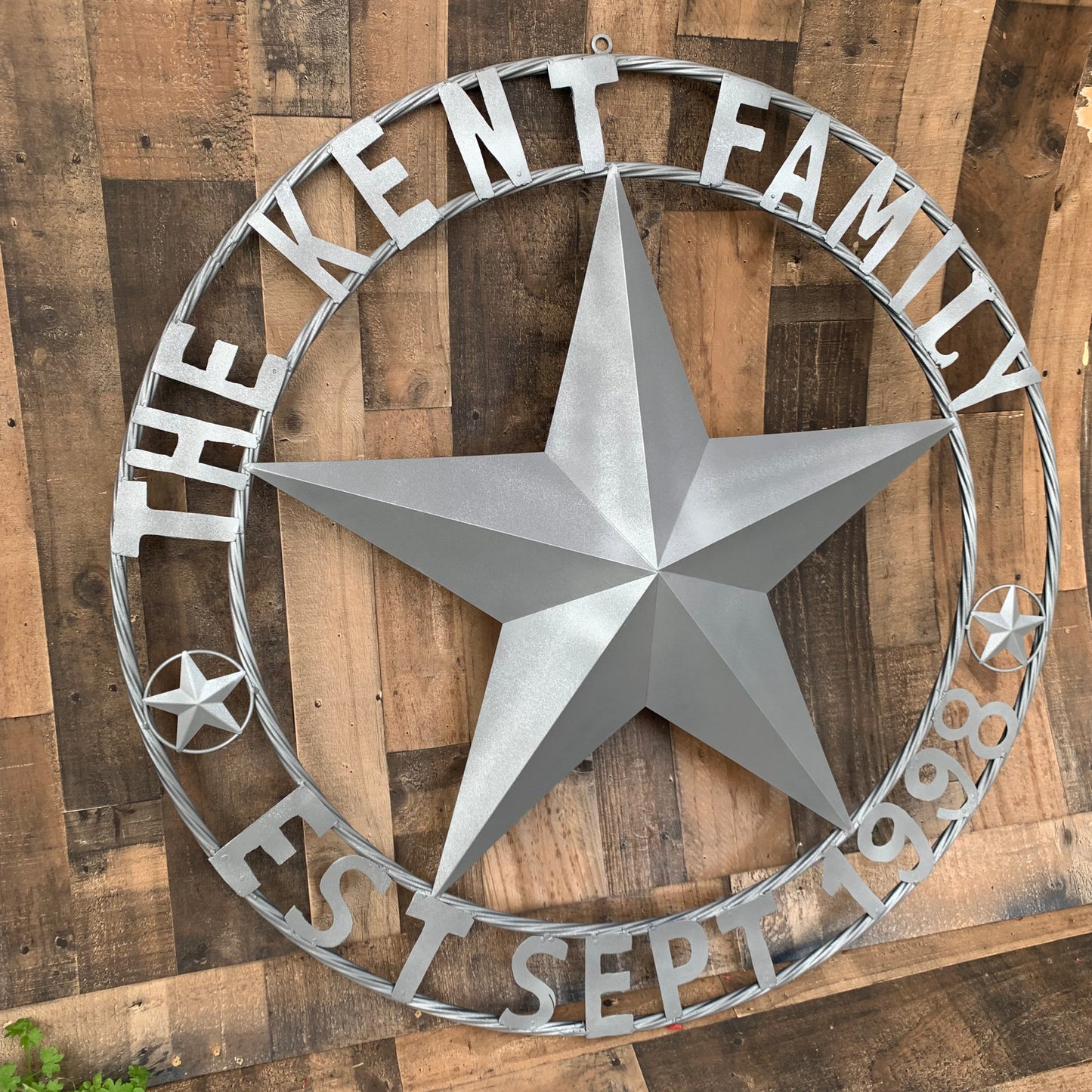 KENT STYLE CUSTOM STAR NAME BARN METAL STAR 3d TWISTED ROPE RING WESTERN HOME DECOR RUSTIC GREY SILVER HANDMADE 24",32",36",50"