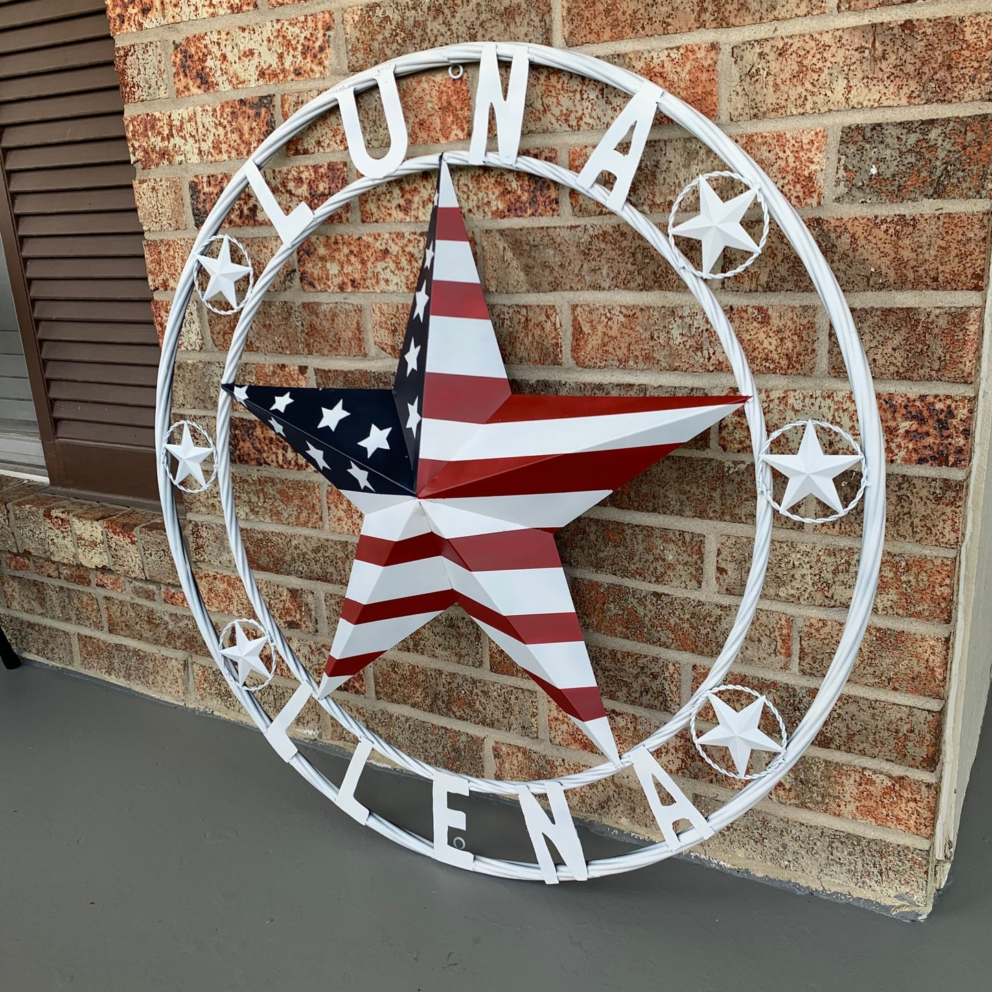 LUNA STYLE CUSTOM NAME BARN STAR METAL STAR 3d TWISTED ROPE RING WESTERN HOME DECOR USA FLAG STAR RED WHOTE & BLUE WITH WHITE RING HANDMADE 24",32",36",50"